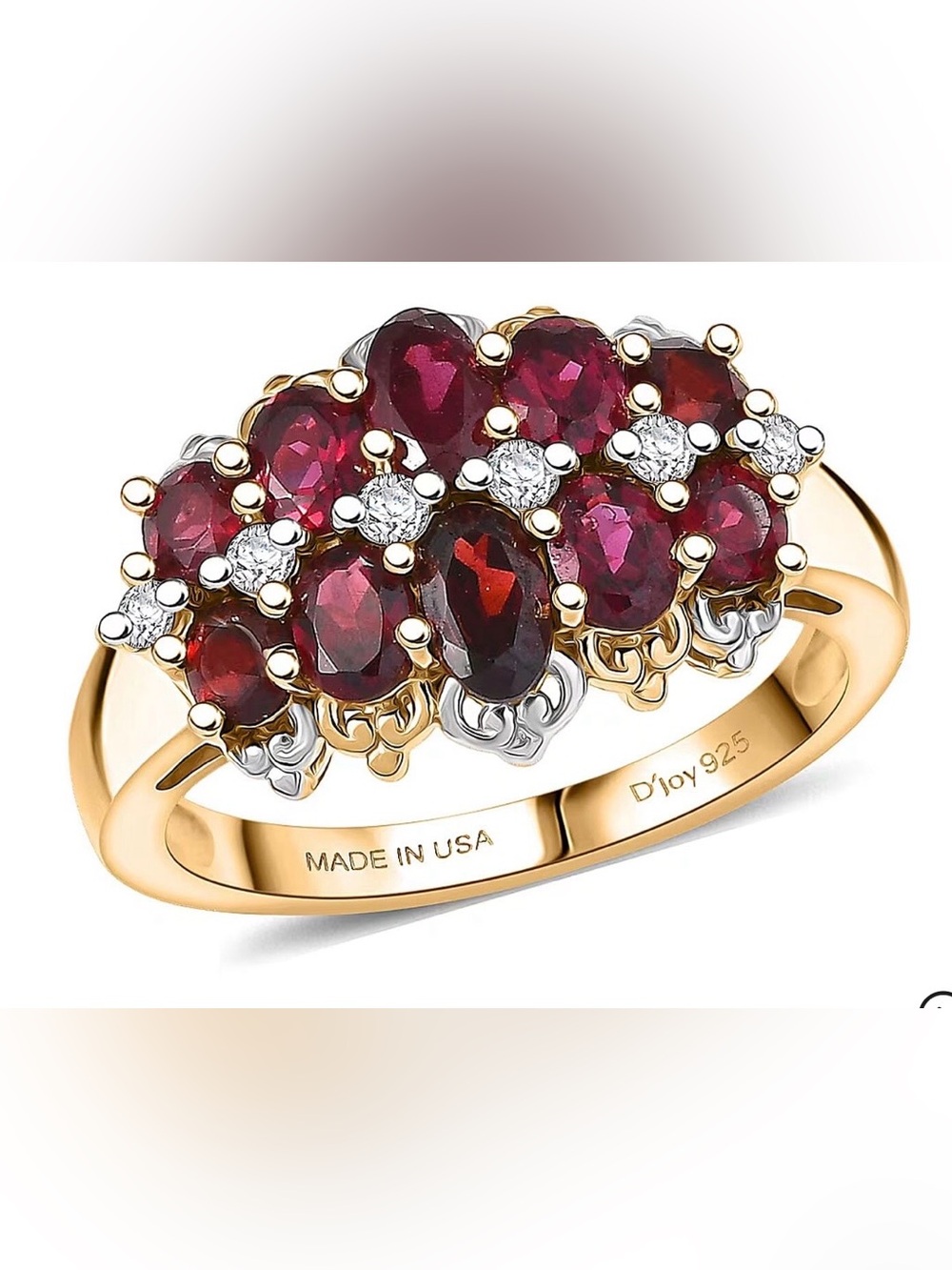 D'joy Ruby and Diamond Cluster Ring in 925, Red Ruby Anthill Garnet, Massanite